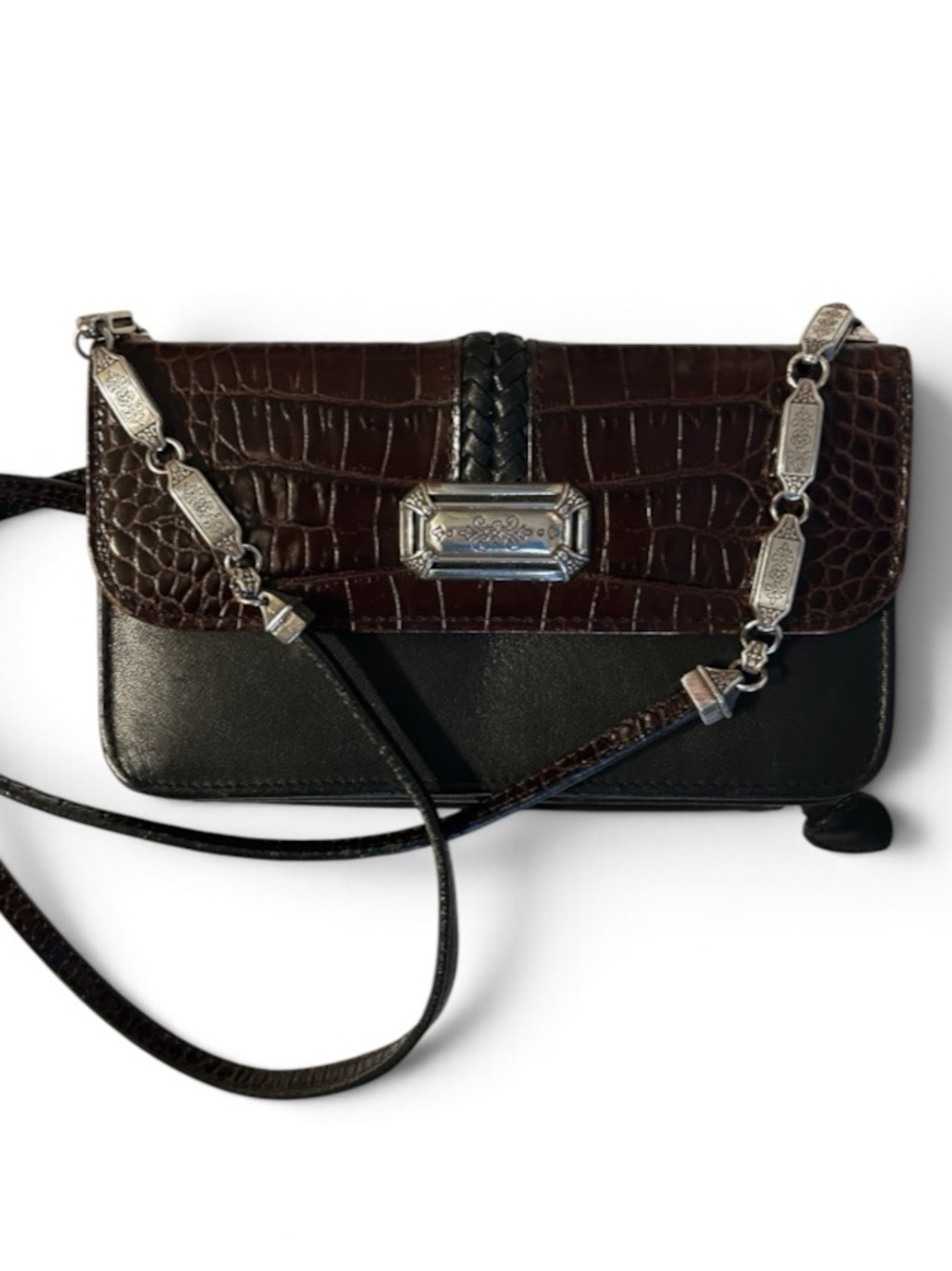 Brighton Vintage Black Croc Embossed Crossbody Organizer Wallet Silver Accent
